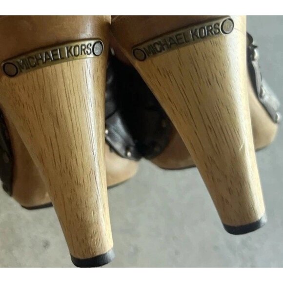 Michael Kors Leather Studd Wood clogs Luggage Brown Platform Heels Womens Size 4 - Picture 5 of 16